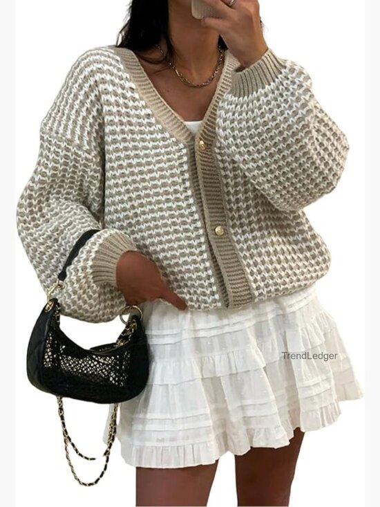 Sweaters - Button-Up V-Neck Waffle Knit Balloon Sleeve Oversized Cardigan